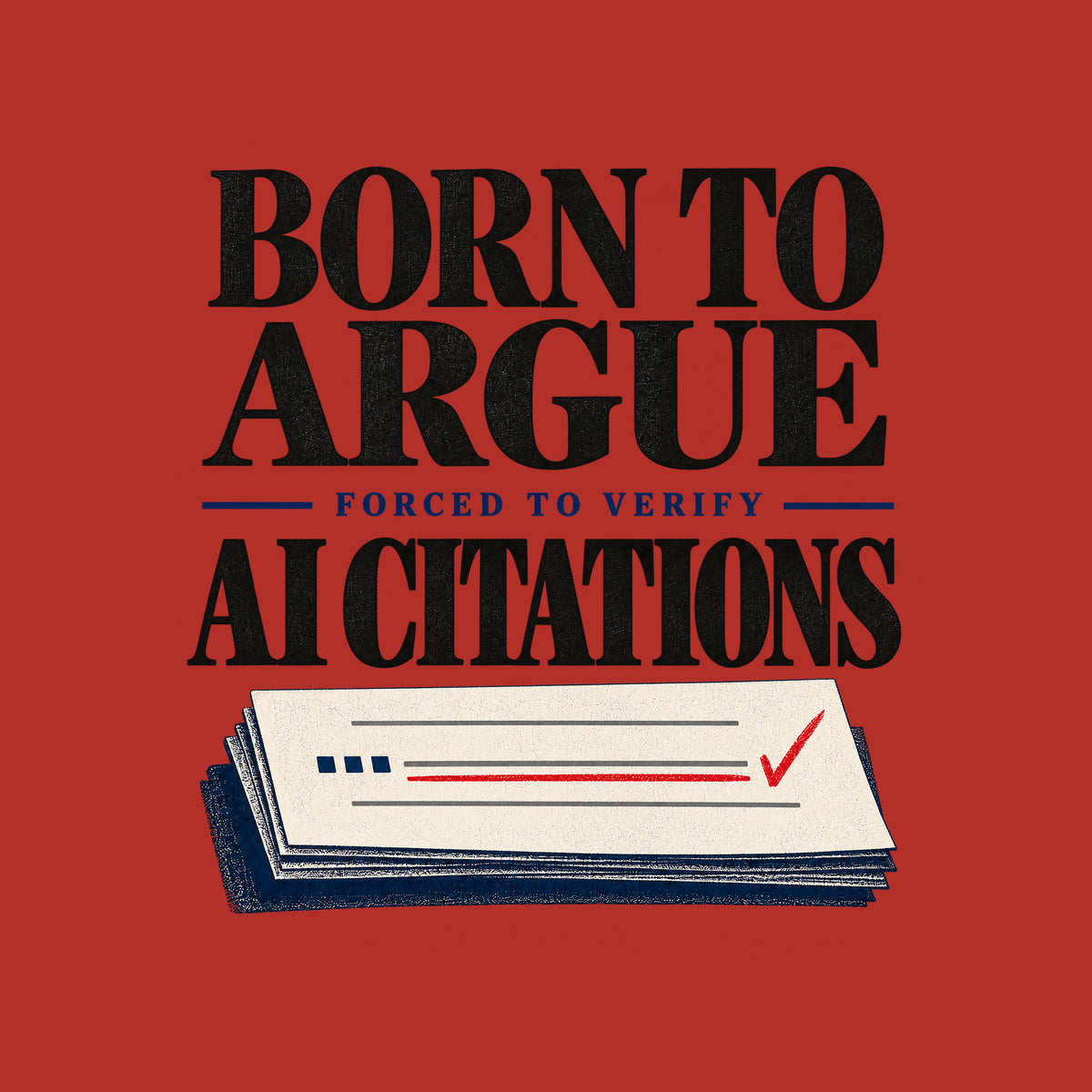 Black serif text reads BORN TO ARGUE, then AI CITATIONS, with FORCED TO VERIFY smaller in navy between them, above a cream brief page with grey citation rules, navy square marks, a red-underlined line, and a red checkmark. Artwork shown on the Red garment colour.