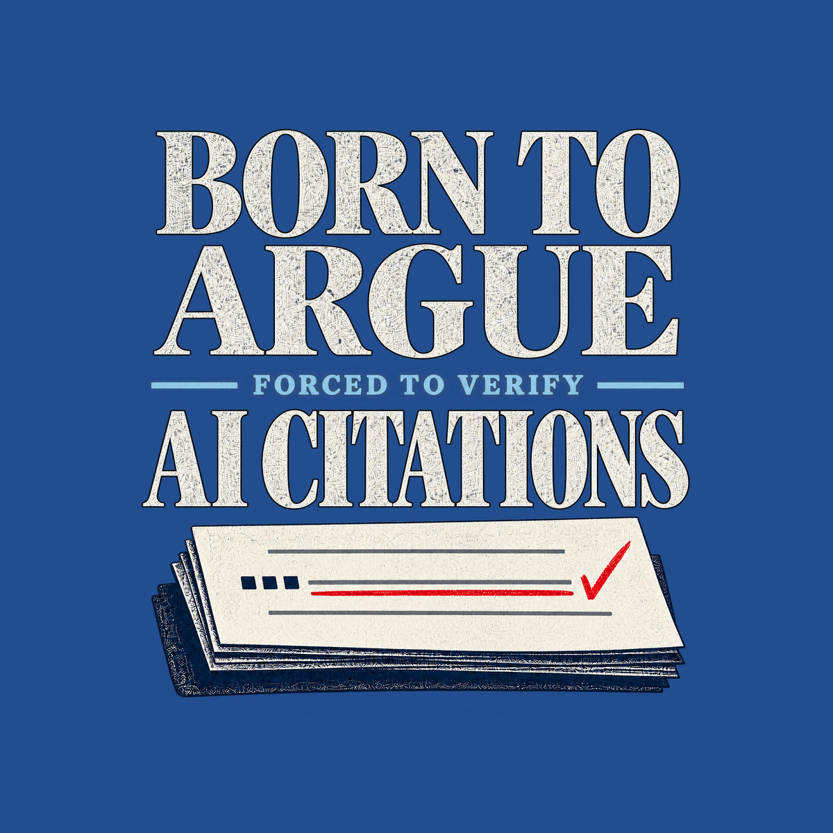 Black serif text reads BORN TO ARGUE, then AI CITATIONS, with FORCED TO VERIFY smaller in navy between them, above a cream brief page with grey citation rules, navy square marks, a red-underlined line, and a red checkmark. Artwork shown on the Royal garment colour.