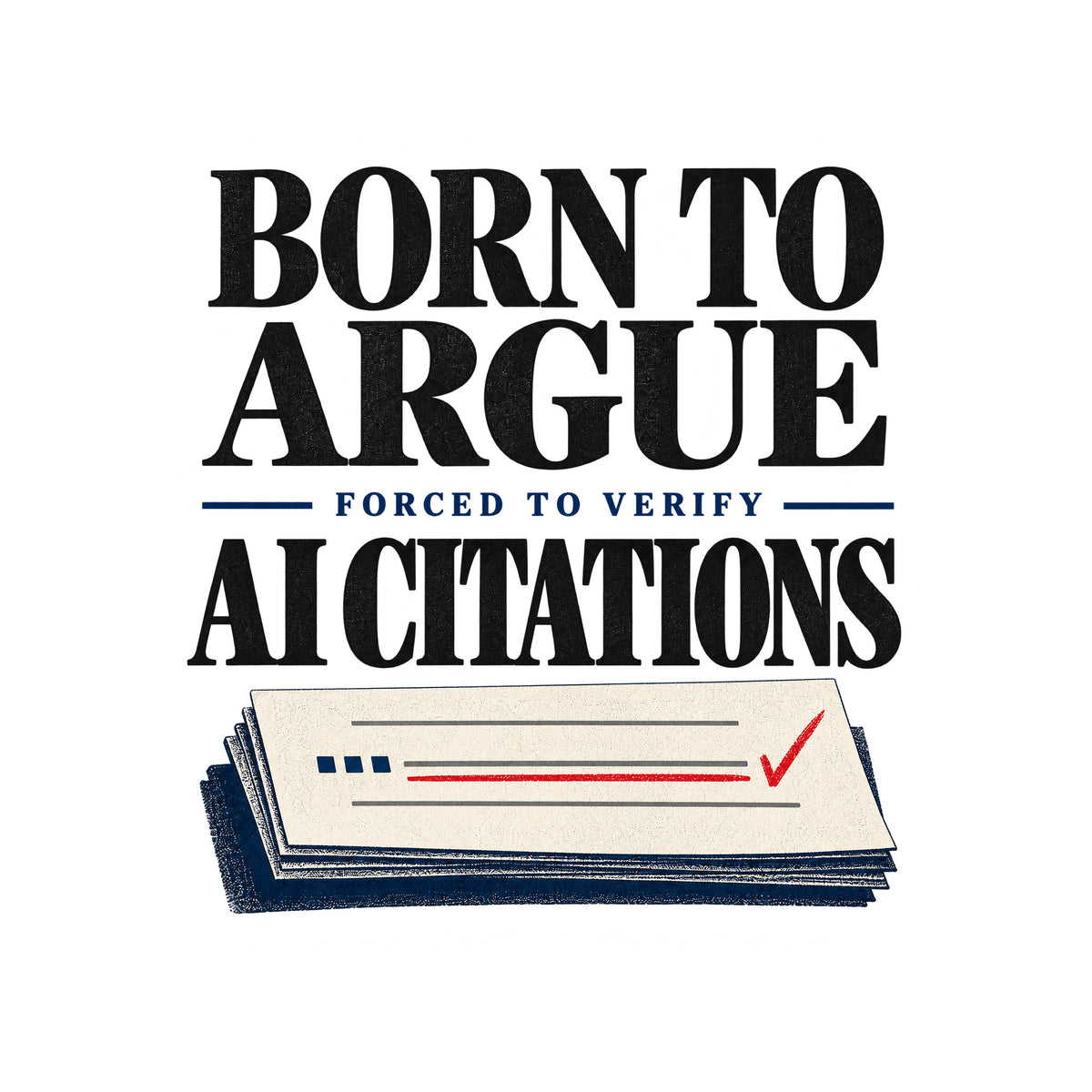 Black serif text reads BORN TO ARGUE, then AI CITATIONS, with FORCED TO VERIFY smaller in navy between them, above a cream brief page with grey citation rules, navy square marks, a red-underlined line, and a red checkmark. Artwork shown on the White garment colour.