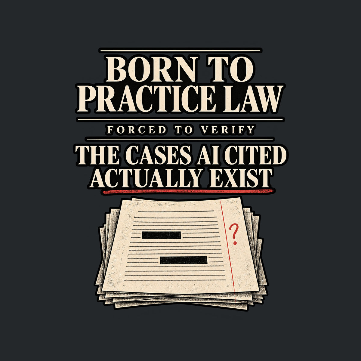 Black tee reading BORN TO PRACTICE LAW, FORCED TO VERIFY, THE CASES AI CITED ACTUALLY EXIST in ivory serif type, with a red pencil underline, a red question mark, and a stack of redacted legal pages below. Artwork shown on the Black garment colour.