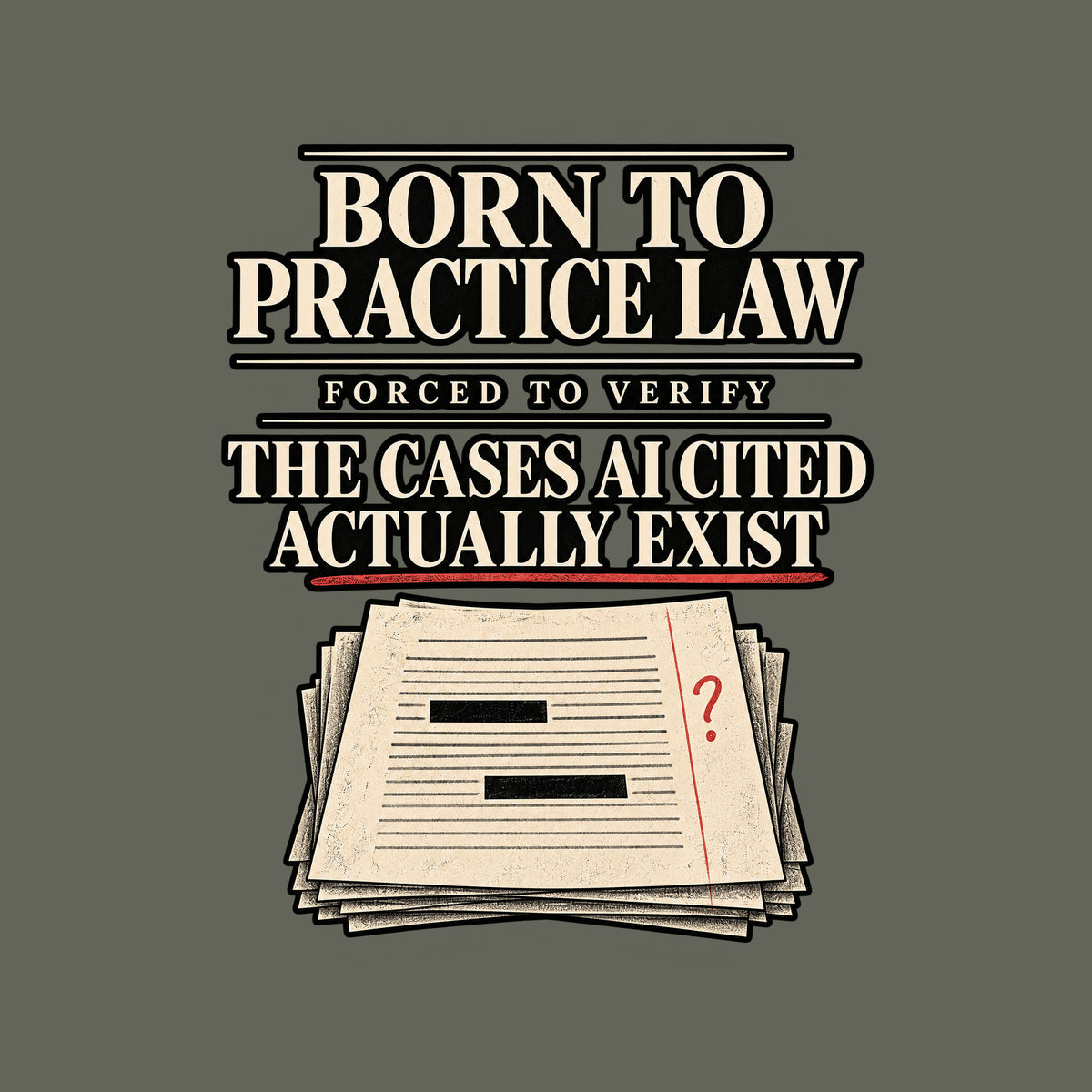 Black tee reading BORN TO PRACTICE LAW, FORCED TO VERIFY, THE CASES AI CITED ACTUALLY EXIST in ivory serif type, with a red pencil underline, a red question mark, and a stack of redacted legal pages below. Artwork shown on the Military Green garment colour.