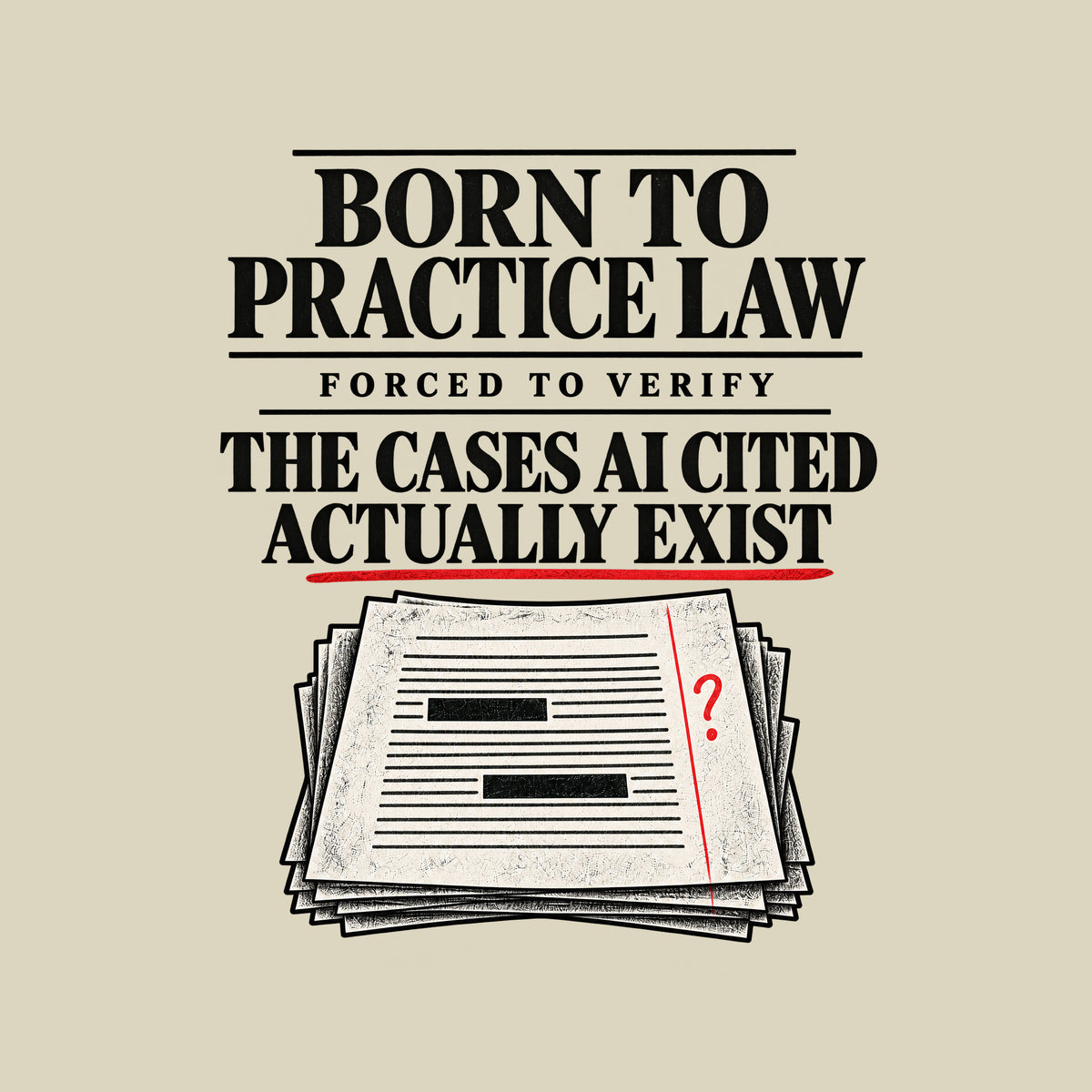 Black tee reading BORN TO PRACTICE LAW, FORCED TO VERIFY, THE CASES AI CITED ACTUALLY EXIST in ivory serif type, with a red pencil underline, a red question mark, and a stack of redacted legal pages below. Artwork shown on the Natural garment colour.