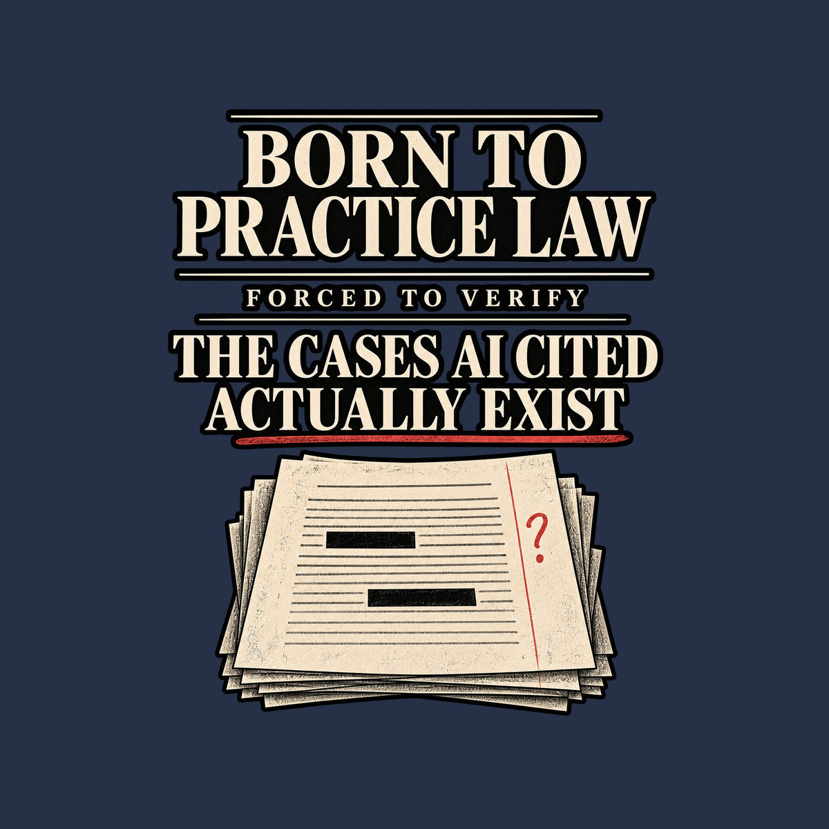 Black tee reading BORN TO PRACTICE LAW, FORCED TO VERIFY, THE CASES AI CITED ACTUALLY EXIST in ivory serif type, with a red pencil underline, a red question mark, and a stack of redacted legal pages below. Artwork shown on the Navy garment colour.