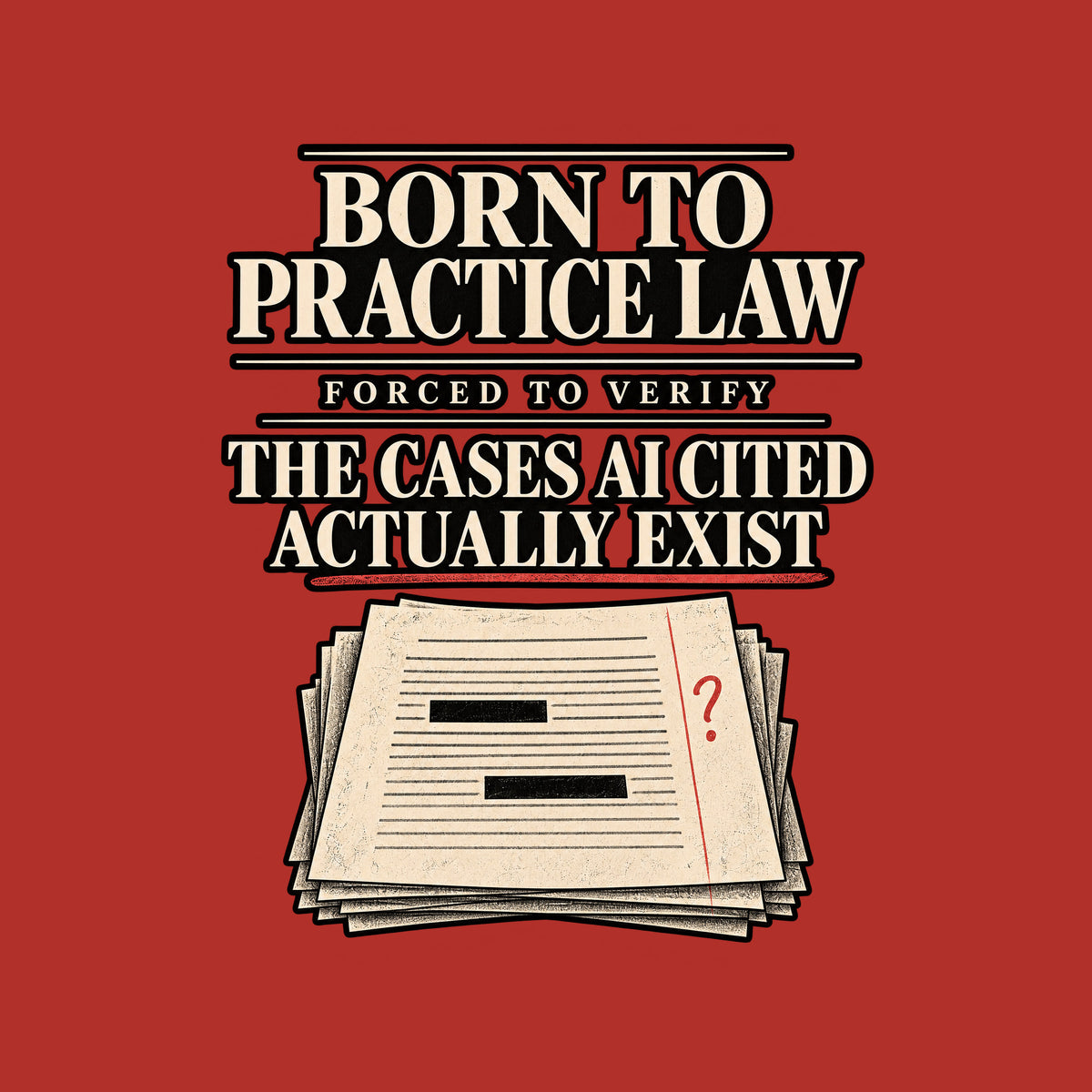 Black tee reading BORN TO PRACTICE LAW, FORCED TO VERIFY, THE CASES AI CITED ACTUALLY EXIST in ivory serif type, with a red pencil underline, a red question mark, and a stack of redacted legal pages below. Artwork shown on the Red garment colour.
