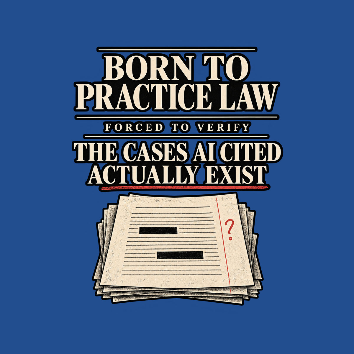 Black tee reading BORN TO PRACTICE LAW, FORCED TO VERIFY, THE CASES AI CITED ACTUALLY EXIST in ivory serif type, with a red pencil underline, a red question mark, and a stack of redacted legal pages below. Artwork shown on the Royal garment colour.