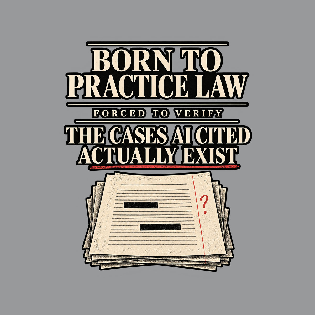 Black tee reading BORN TO PRACTICE LAW, FORCED TO VERIFY, THE CASES AI CITED ACTUALLY EXIST in ivory serif type, with a red pencil underline, a red question mark, and a stack of redacted legal pages below. Artwork shown on the Sport Grey garment colour.