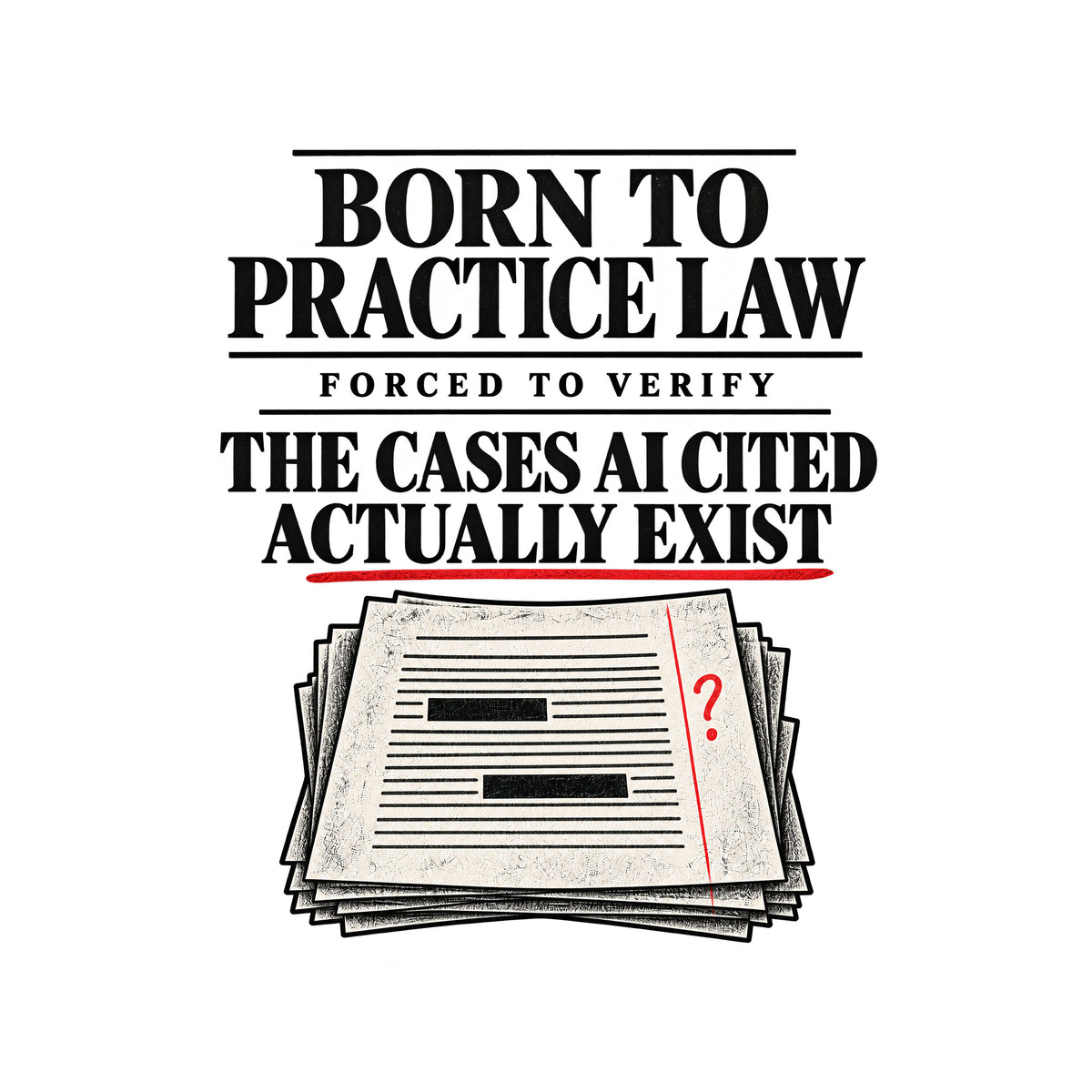 Black tee reading BORN TO PRACTICE LAW, FORCED TO VERIFY, THE CASES AI CITED ACTUALLY EXIST in ivory serif type, with a red pencil underline, a red question mark, and a stack of redacted legal pages below. Artwork shown on the White garment colour.