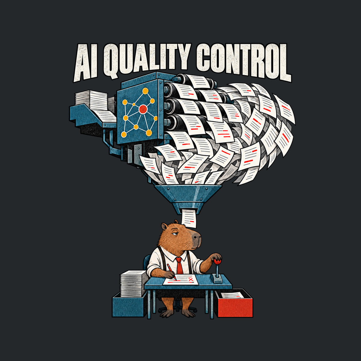 A capybara at a desk in a white shirt and red tie holds a red pencil beside a lever, reviewing pages under the headline 'AI QUALITY CONTROL' as a machine with a node emblem funnels a cascade of marked-up pages down to the desk. Artwork shown on the Black garment colour.