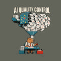 A capybara at a desk in a white shirt and red tie holds a red pencil beside a lever, reviewing pages under the headline 'AI QUALITY CONTROL' as a machine with a node emblem funnels a cascade of marked-up pages down to the desk. Artwork shown on the Military Green garment colour.