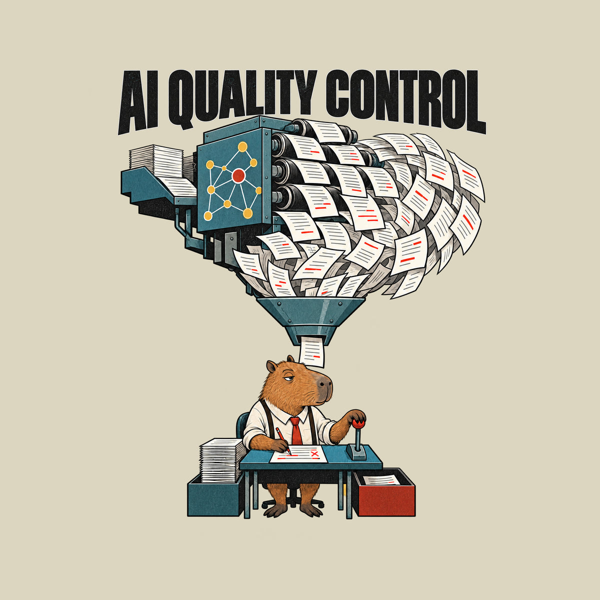 A capybara at a desk in a white shirt and red tie holds a red pencil beside a lever, reviewing pages under the headline 'AI QUALITY CONTROL' as a machine with a node emblem funnels a cascade of marked-up pages down to the desk. Artwork shown on the Natural garment colour.
