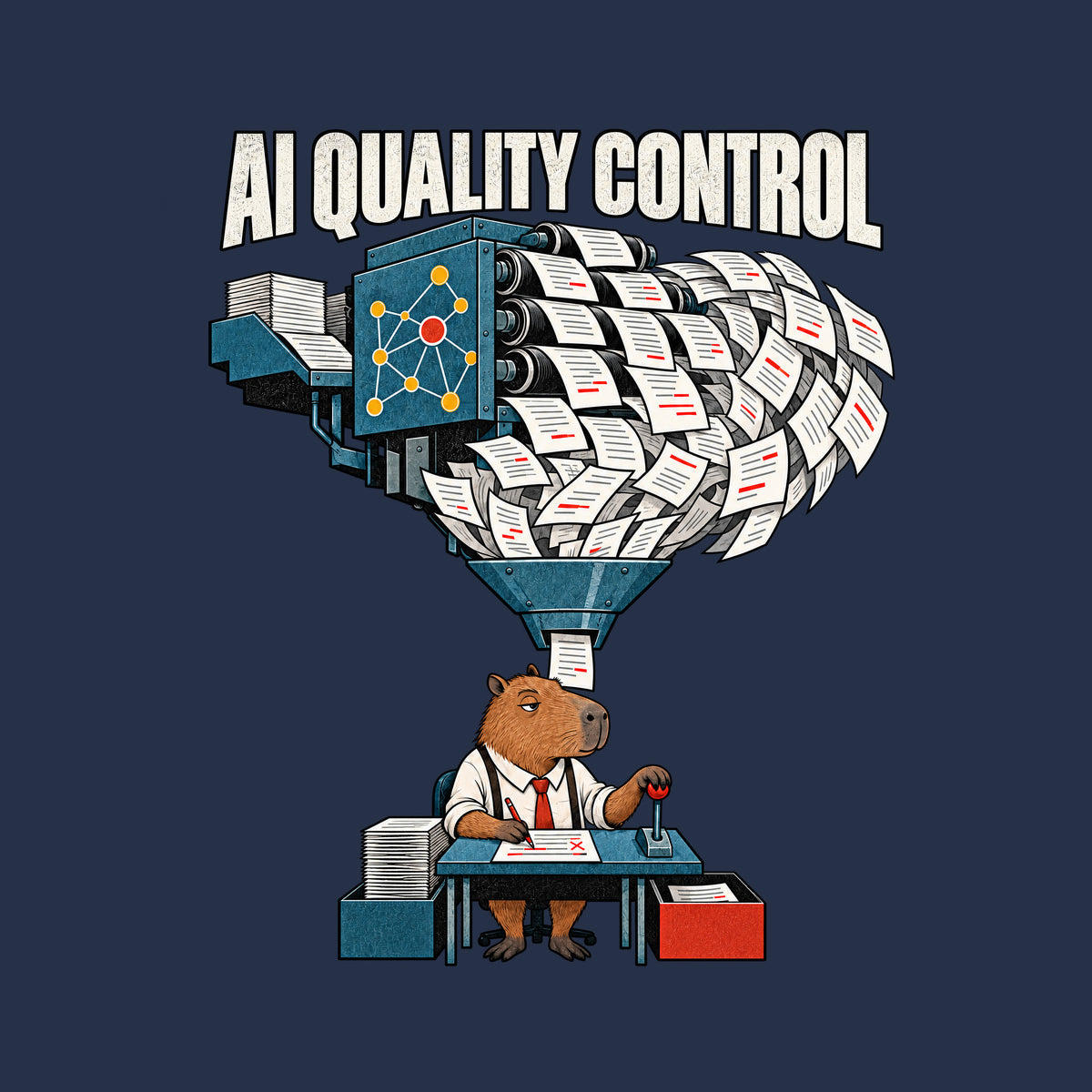 A capybara at a desk in a white shirt and red tie holds a red pencil beside a lever, reviewing pages under the headline 'AI QUALITY CONTROL' as a machine with a node emblem funnels a cascade of marked-up pages down to the desk. Artwork shown on the Navy garment colour.