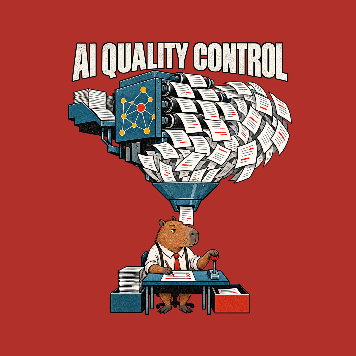 A capybara at a desk in a white shirt and red tie holds a red pencil beside a lever, reviewing pages under the headline 'AI QUALITY CONTROL' as a machine with a node emblem funnels a cascade of marked-up pages down to the desk. Artwork shown on the Red garment colour.