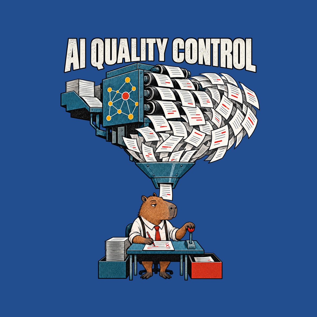 A capybara at a desk in a white shirt and red tie holds a red pencil beside a lever, reviewing pages under the headline 'AI QUALITY CONTROL' as a machine with a node emblem funnels a cascade of marked-up pages down to the desk. Artwork shown on the Royal garment colour.