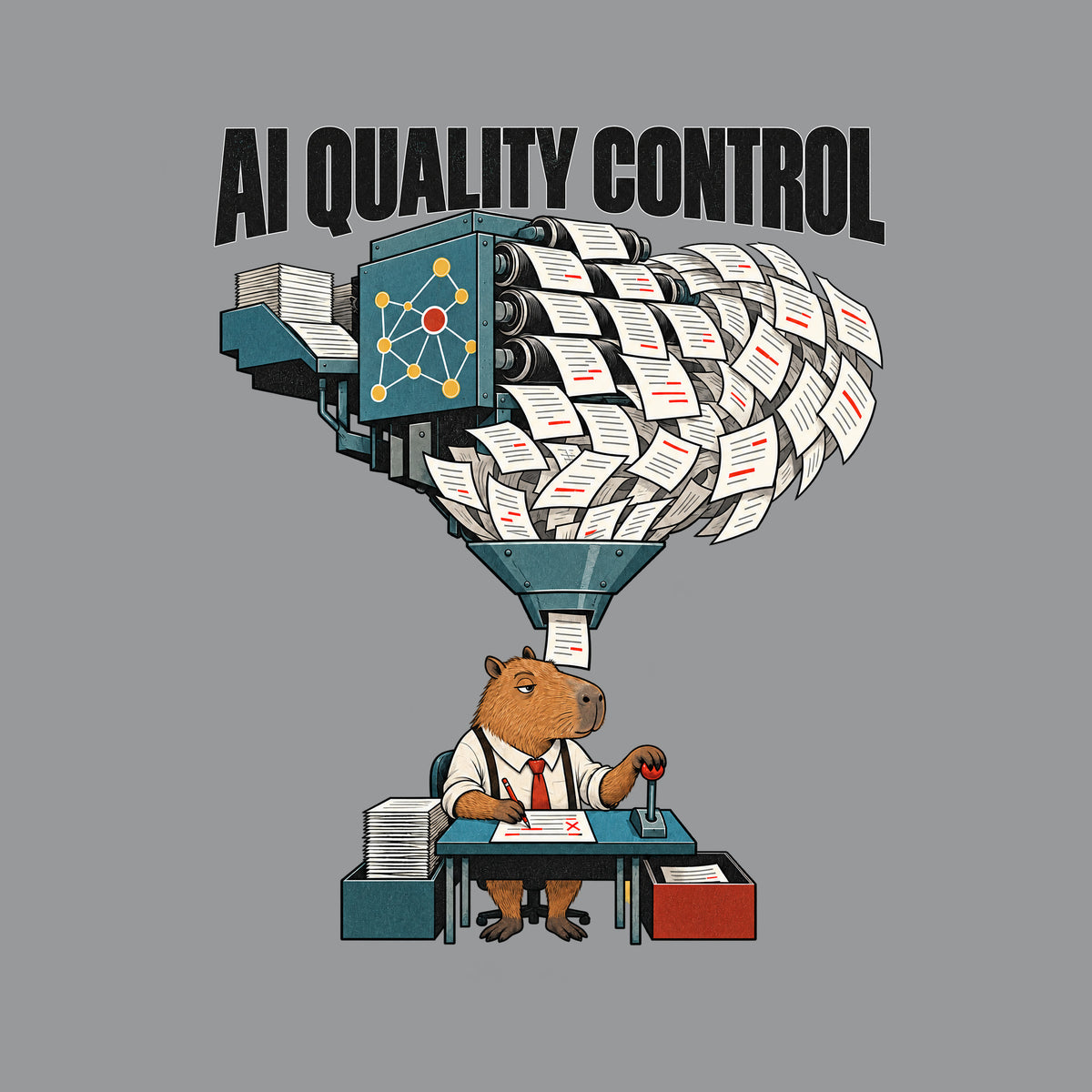 A capybara at a desk in a white shirt and red tie holds a red pencil beside a lever, reviewing pages under the headline 'AI QUALITY CONTROL' as a machine with a node emblem funnels a cascade of marked-up pages down to the desk. Artwork shown on the Sport Grey garment colour.