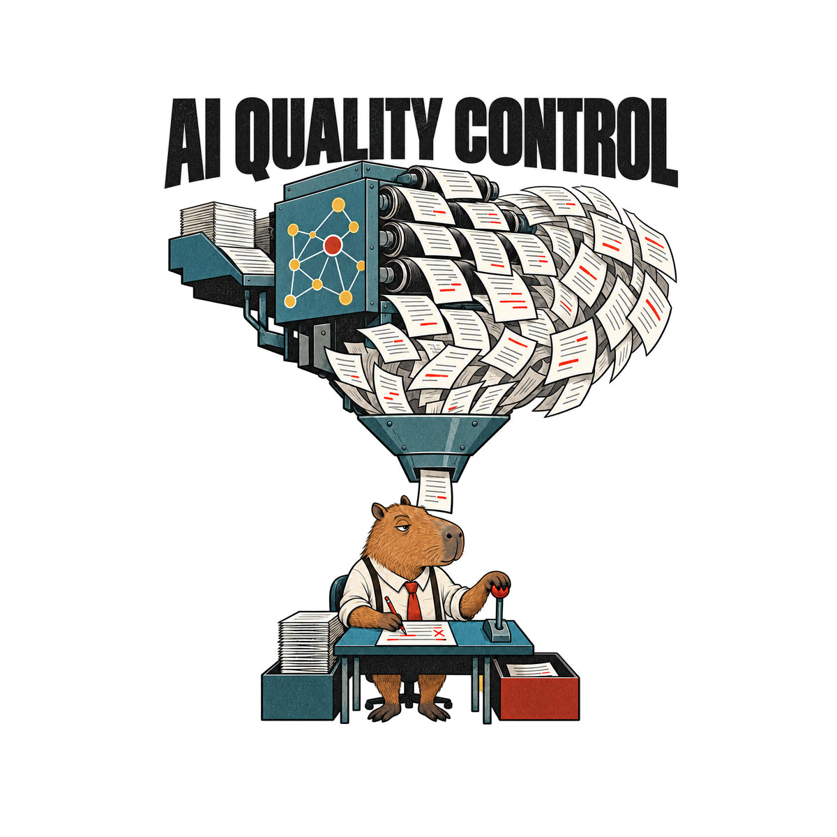 A capybara at a desk in a white shirt and red tie holds a red pencil beside a lever, reviewing pages under the headline 'AI QUALITY CONTROL' as a machine with a node emblem funnels a cascade of marked-up pages down to the desk. Artwork shown on the White garment colour.
