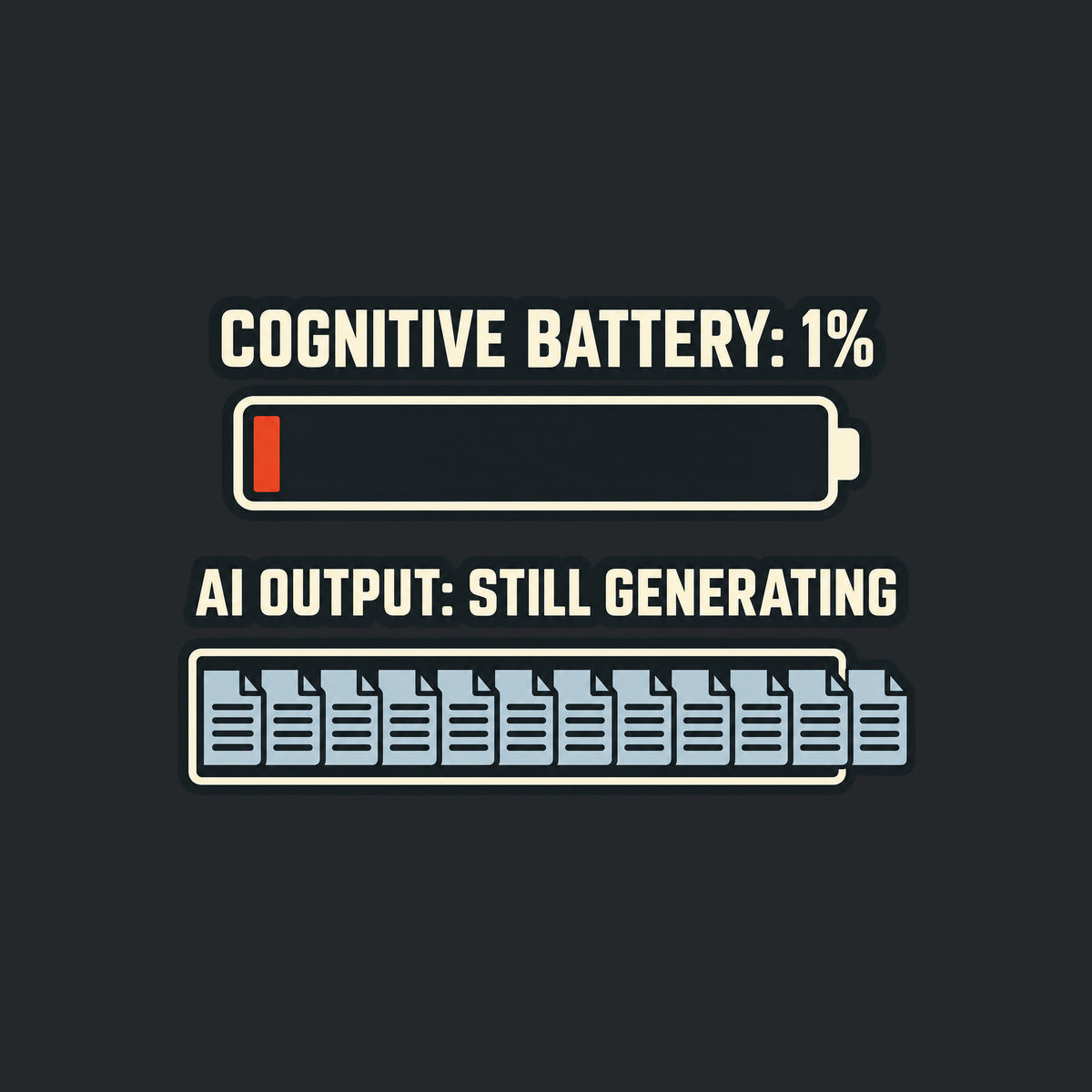 Editorial graphic on a dark charcoal field: cream text COGNITIVE BATTERY: 1% above a nearly empty battery with one red-orange bar; below, AI OUTPUT: STILL GENERATING above document tiles overflowing past the rail's right edge. Artwork shown on the Black garment colour.