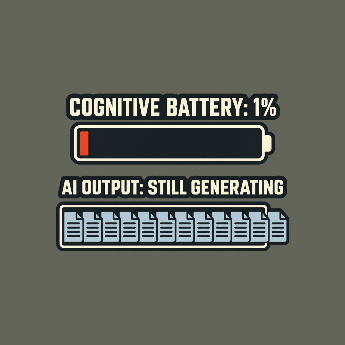 Editorial graphic on a dark charcoal field: cream text COGNITIVE BATTERY: 1% above a nearly empty battery with one red-orange bar; below, AI OUTPUT: STILL GENERATING above document tiles overflowing past the rail's right edge. Artwork shown on the Military Green garment colour.