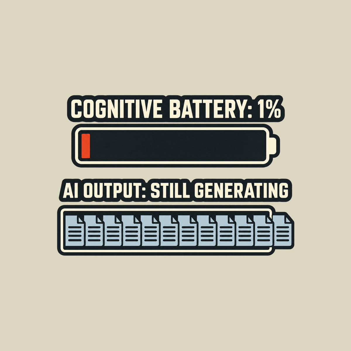 Editorial graphic on a dark charcoal field: cream text COGNITIVE BATTERY: 1% above a nearly empty battery with one red-orange bar; below, AI OUTPUT: STILL GENERATING above document tiles overflowing past the rail's right edge. Artwork shown on the Natural garment colour.