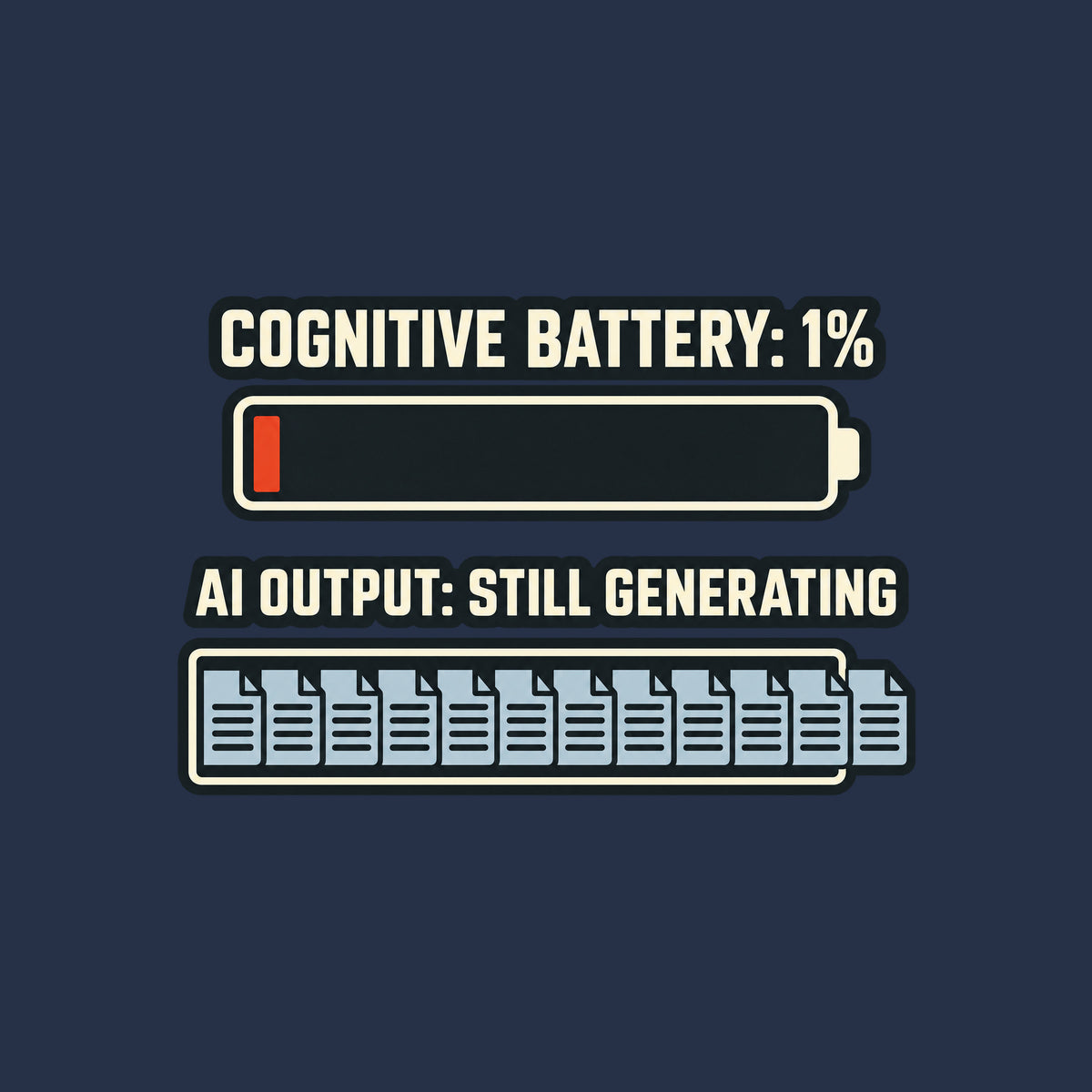 Editorial graphic on a dark charcoal field: cream text COGNITIVE BATTERY: 1% above a nearly empty battery with one red-orange bar; below, AI OUTPUT: STILL GENERATING above document tiles overflowing past the rail's right edge. Artwork shown on the Navy garment colour.