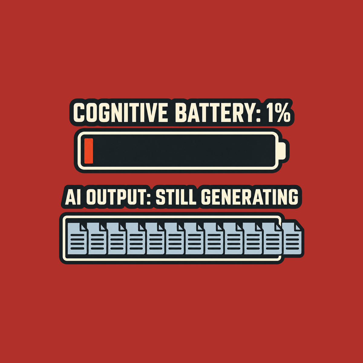 Editorial graphic on a dark charcoal field: cream text COGNITIVE BATTERY: 1% above a nearly empty battery with one red-orange bar; below, AI OUTPUT: STILL GENERATING above document tiles overflowing past the rail's right edge. Artwork shown on the Red garment colour.