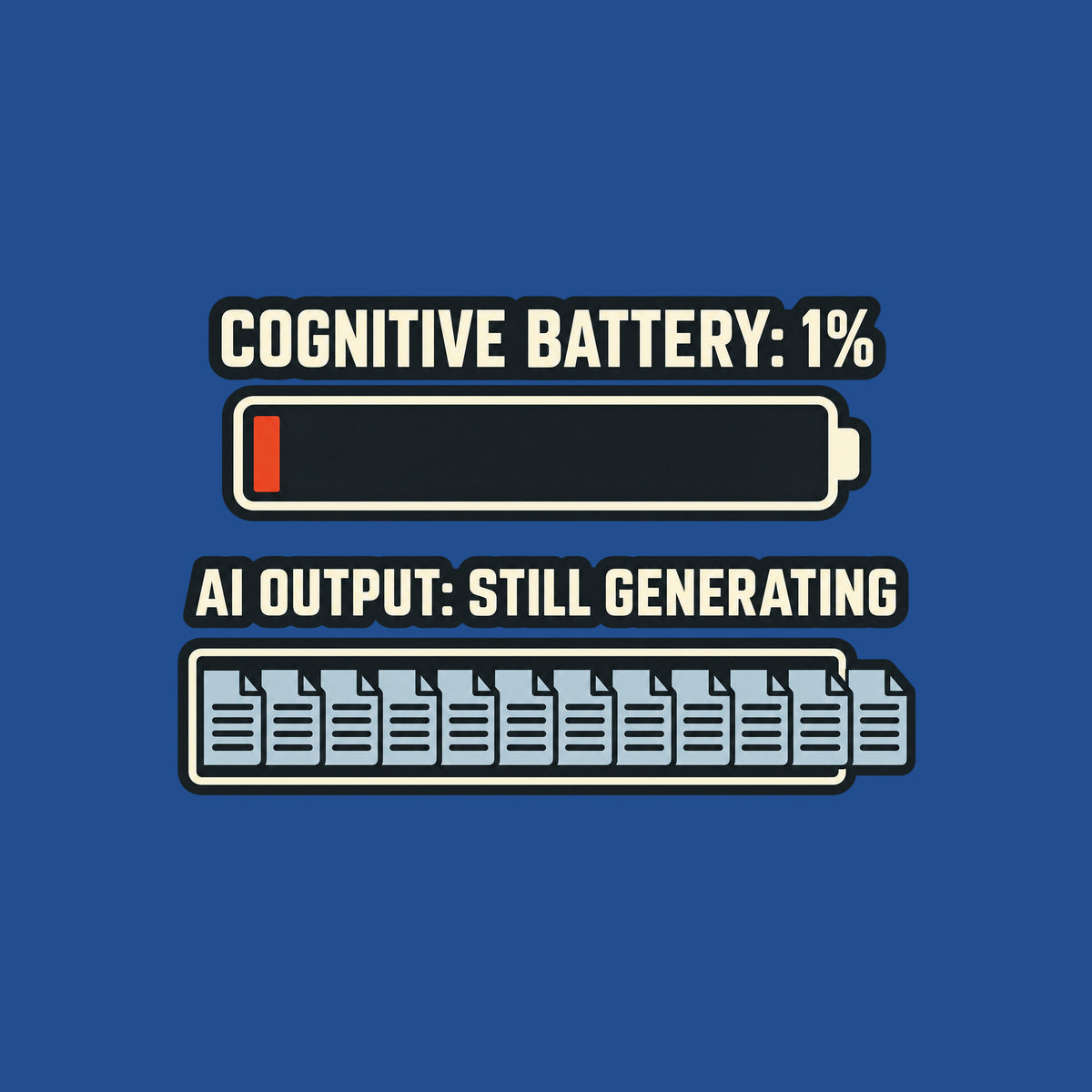 Editorial graphic on a dark charcoal field: cream text COGNITIVE BATTERY: 1% above a nearly empty battery with one red-orange bar; below, AI OUTPUT: STILL GENERATING above document tiles overflowing past the rail's right edge. Artwork shown on the Royal garment colour.
