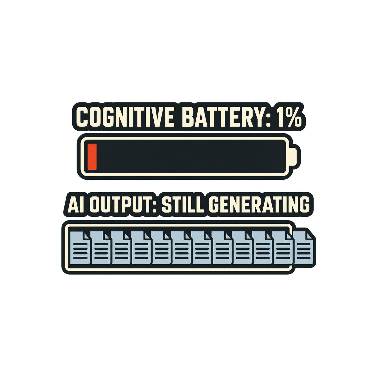 Editorial graphic on a dark charcoal field: cream text COGNITIVE BATTERY: 1% above a nearly empty battery with one red-orange bar; below, AI OUTPUT: STILL GENERATING above document tiles overflowing past the rail's right edge. Artwork shown on the White garment colour.