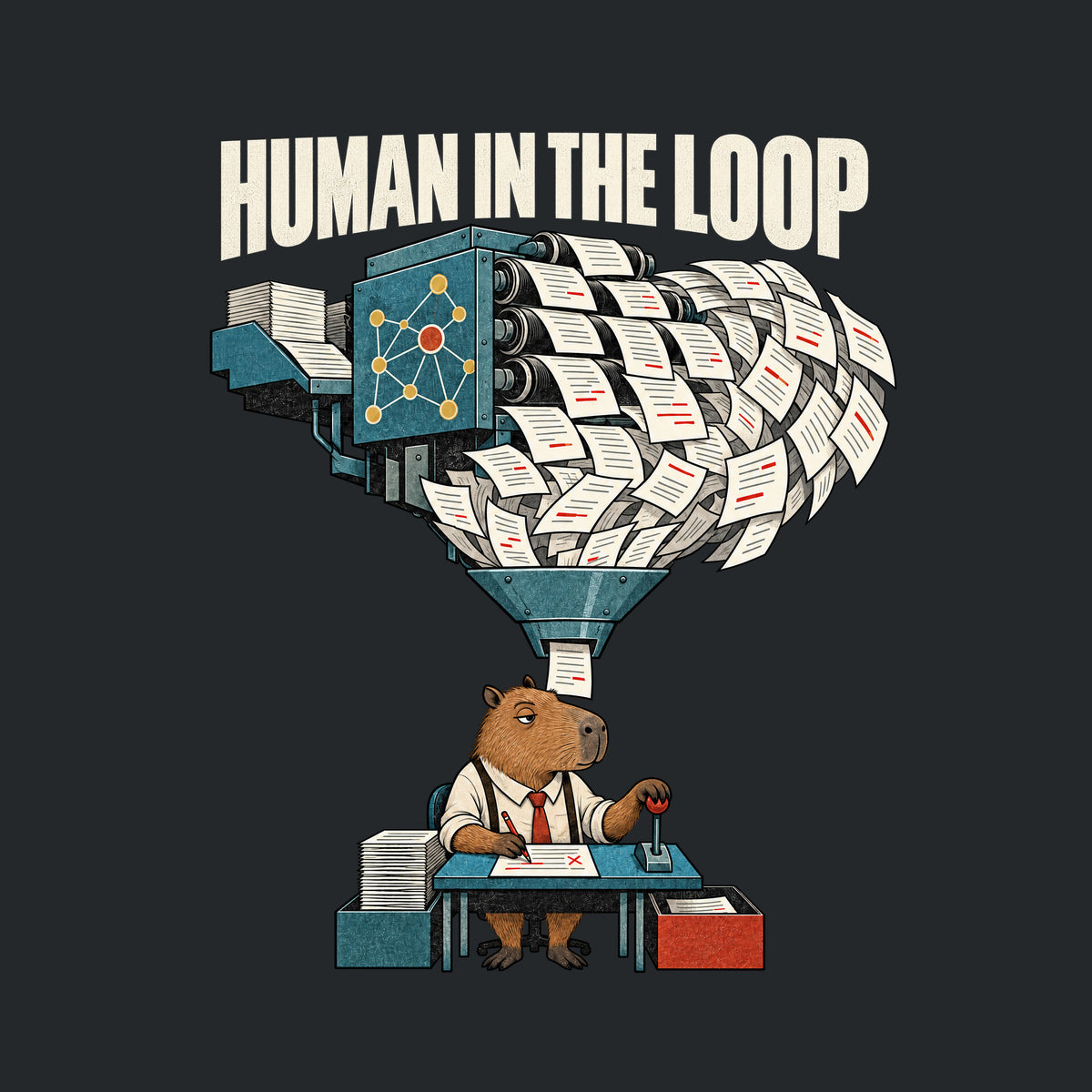 Illustration with bold text "HUMAN IN THE LOOP" above a machine with a node-pattern panel spewing a huge cascade of marked-up papers through a funnel to a capybara at a small desk, red pencil in one paw, a lever in the other. Artwork shown on the Black garment colour.
