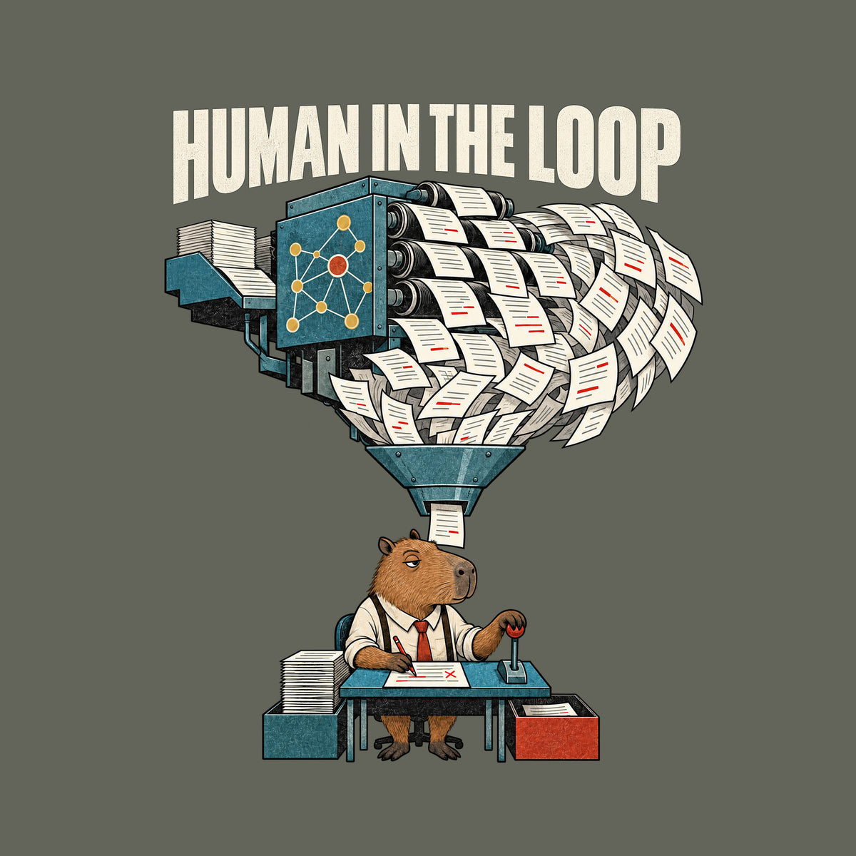Illustration with bold text "HUMAN IN THE LOOP" above a machine with a node-pattern panel spewing a huge cascade of marked-up papers through a funnel to a capybara at a small desk, red pencil in one paw, a lever in the other. Artwork shown on the Military Green garment colour.