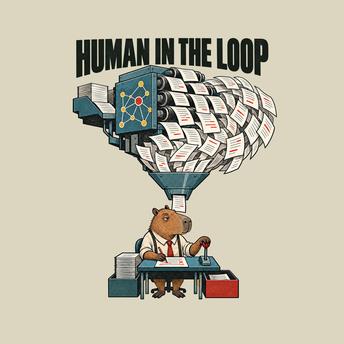 Illustration with bold text "HUMAN IN THE LOOP" above a machine with a node-pattern panel spewing a huge cascade of marked-up papers through a funnel to a capybara at a small desk, red pencil in one paw, a lever in the other. Artwork shown on the Natural garment colour.