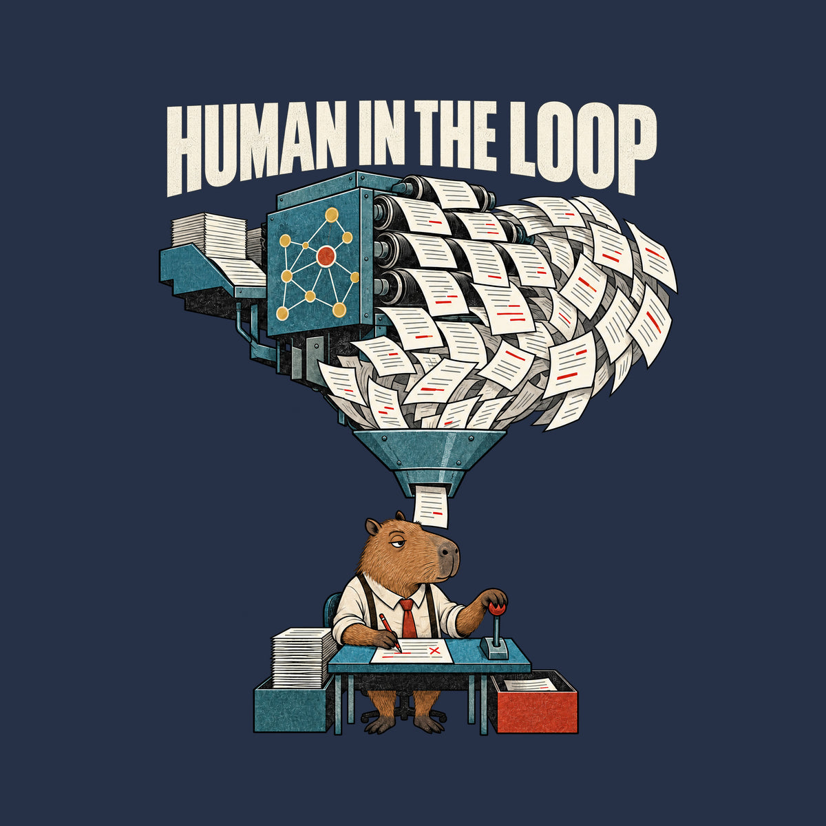 Illustration with bold text "HUMAN IN THE LOOP" above a machine with a node-pattern panel spewing a huge cascade of marked-up papers through a funnel to a capybara at a small desk, red pencil in one paw, a lever in the other. Artwork shown on the Navy garment colour.