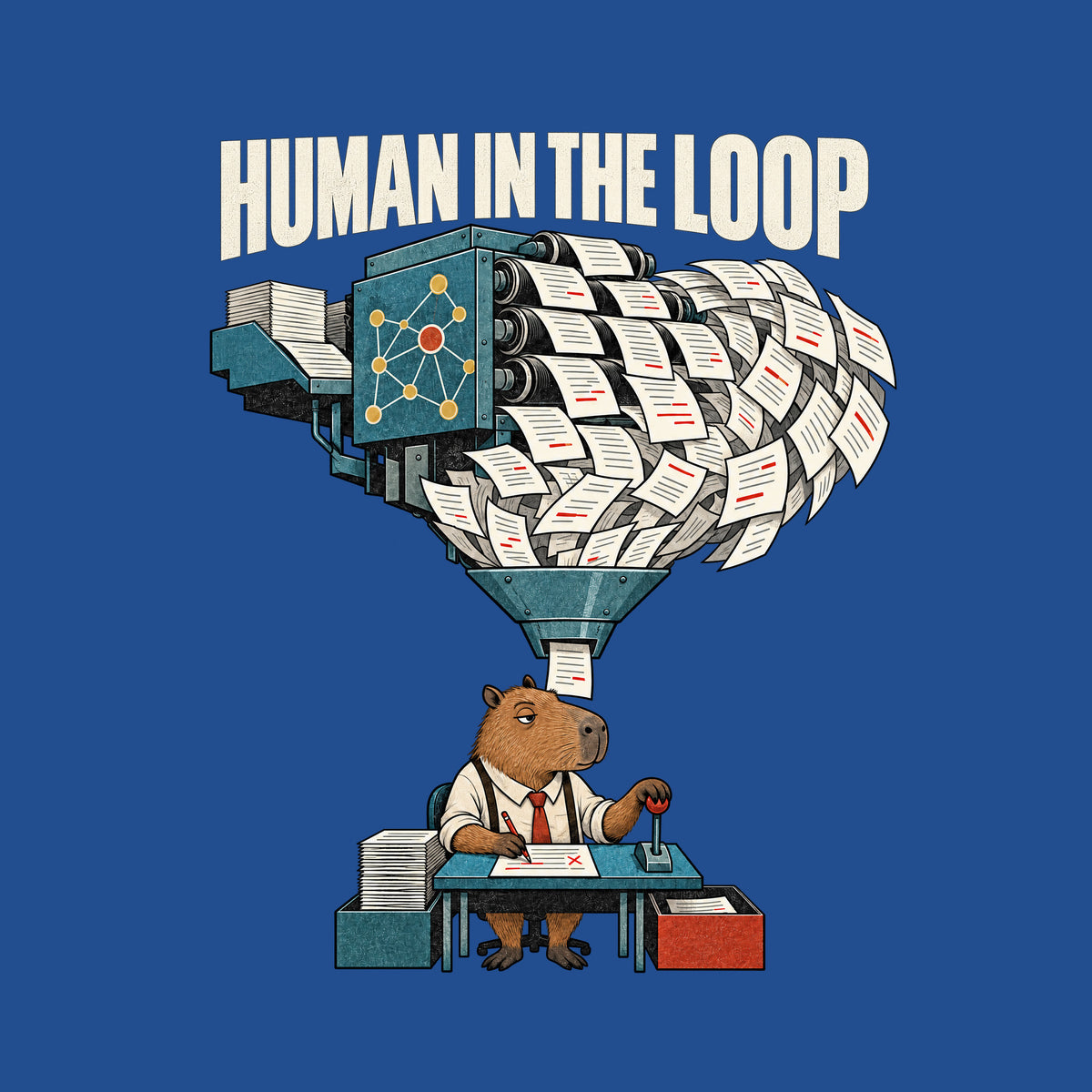 Illustration with bold text "HUMAN IN THE LOOP" above a machine with a node-pattern panel spewing a huge cascade of marked-up papers through a funnel to a capybara at a small desk, red pencil in one paw, a lever in the other. Artwork shown on the Royal garment colour.