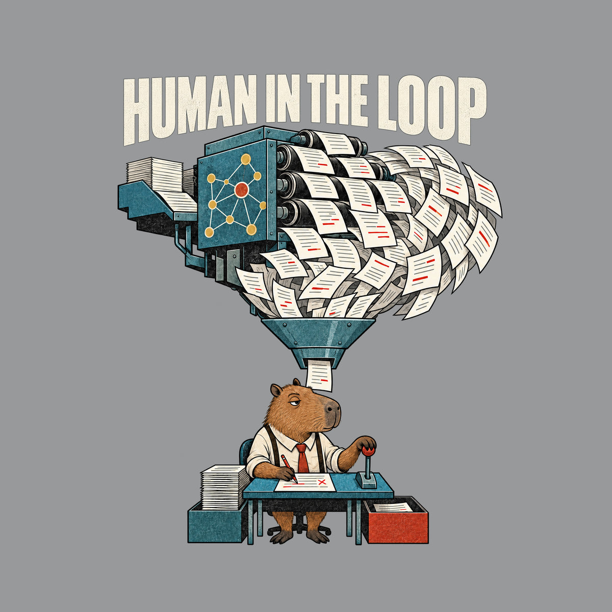 Illustration with bold text "HUMAN IN THE LOOP" above a machine with a node-pattern panel spewing a huge cascade of marked-up papers through a funnel to a capybara at a small desk, red pencil in one paw, a lever in the other. Artwork shown on the Sport Grey garment colour.