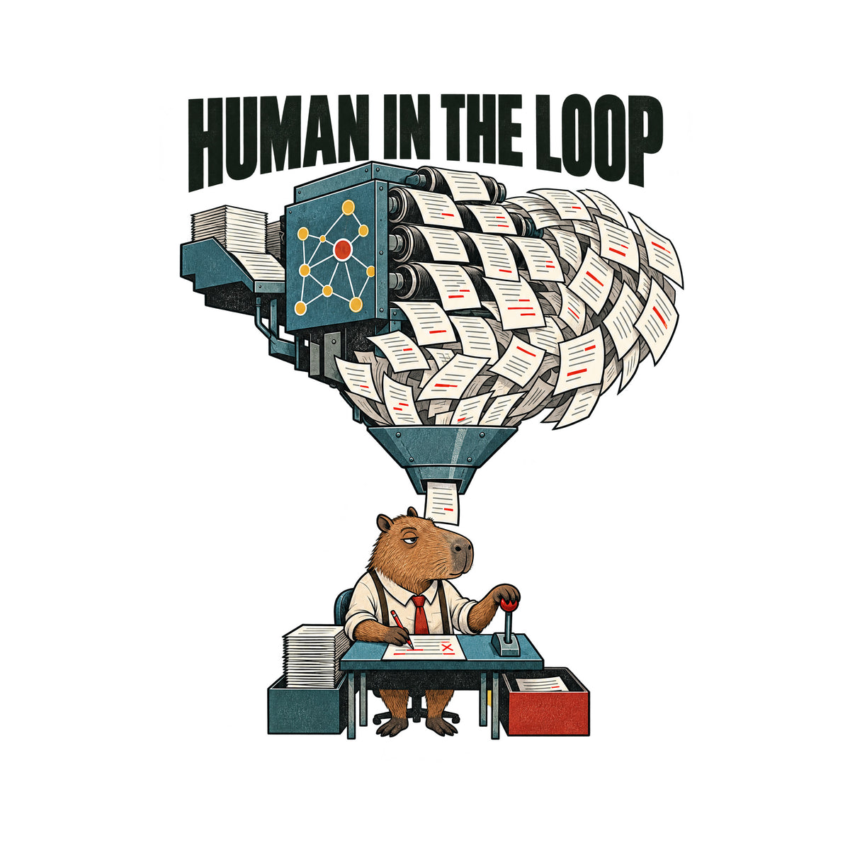 Illustration with bold text "HUMAN IN THE LOOP" above a machine with a node-pattern panel spewing a huge cascade of marked-up papers through a funnel to a capybara at a small desk, red pencil in one paw, a lever in the other. Artwork shown on the White garment colour.