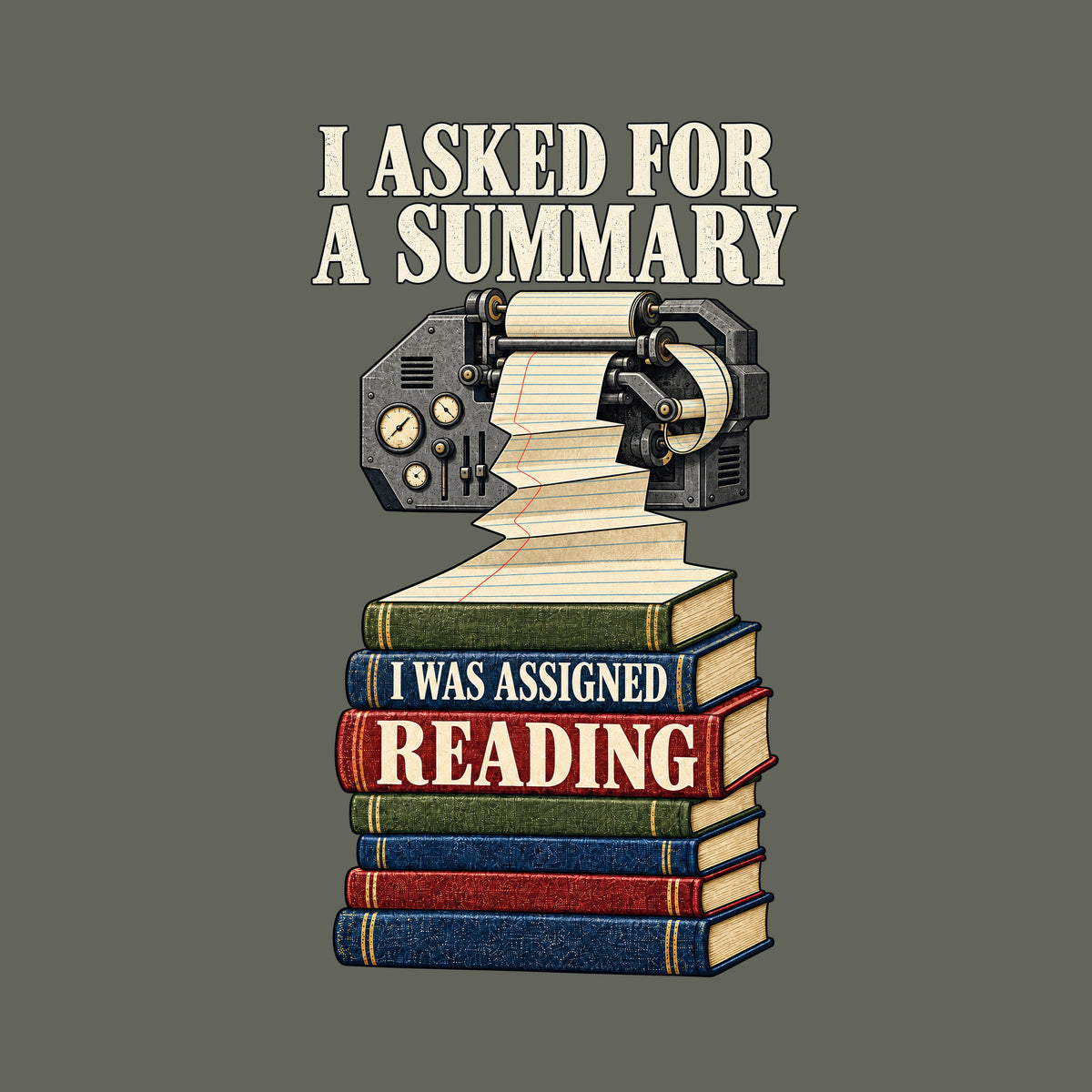 Illustration of an ornate mechanical printer feeding a long paper roll that cascades down into a stack of seven hardcover books. Top text reads I ASKED FOR A SUMMARY; the book spines read I WAS ASSIGNED READING. Artwork shown on the Military Green garment colour.