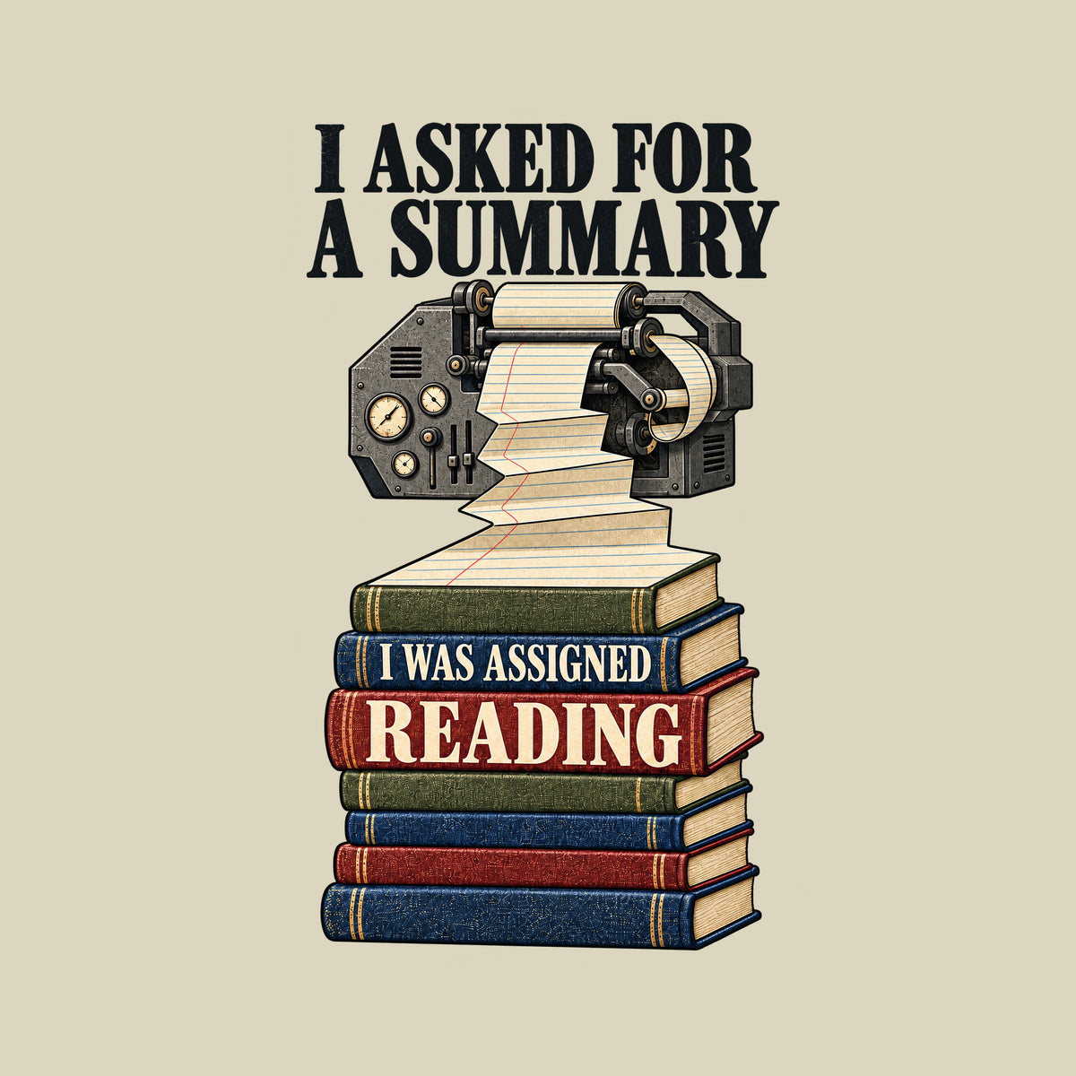 Illustration of an ornate mechanical printer feeding a long paper roll that cascades down into a stack of seven hardcover books. Top text reads I ASKED FOR A SUMMARY; the book spines read I WAS ASSIGNED READING. Artwork shown on the Natural garment colour.