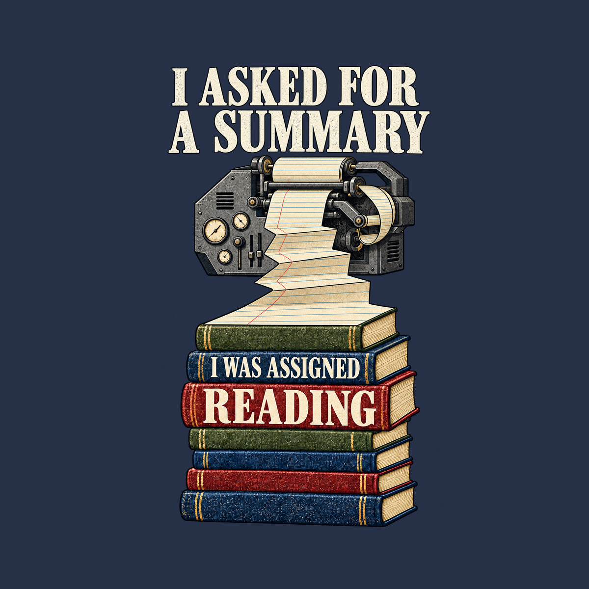 Illustration of an ornate mechanical printer feeding a long paper roll that cascades down into a stack of seven hardcover books. Top text reads I ASKED FOR A SUMMARY; the book spines read I WAS ASSIGNED READING. Artwork shown on the Navy garment colour.