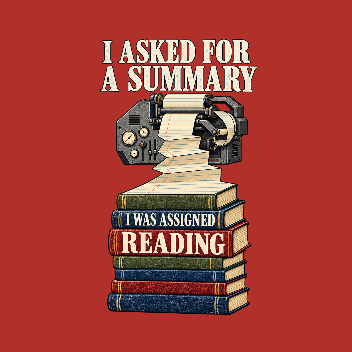 Illustration of an ornate mechanical printer feeding a long paper roll that cascades down into a stack of seven hardcover books. Top text reads I ASKED FOR A SUMMARY; the book spines read I WAS ASSIGNED READING. Artwork shown on the Red garment colour.