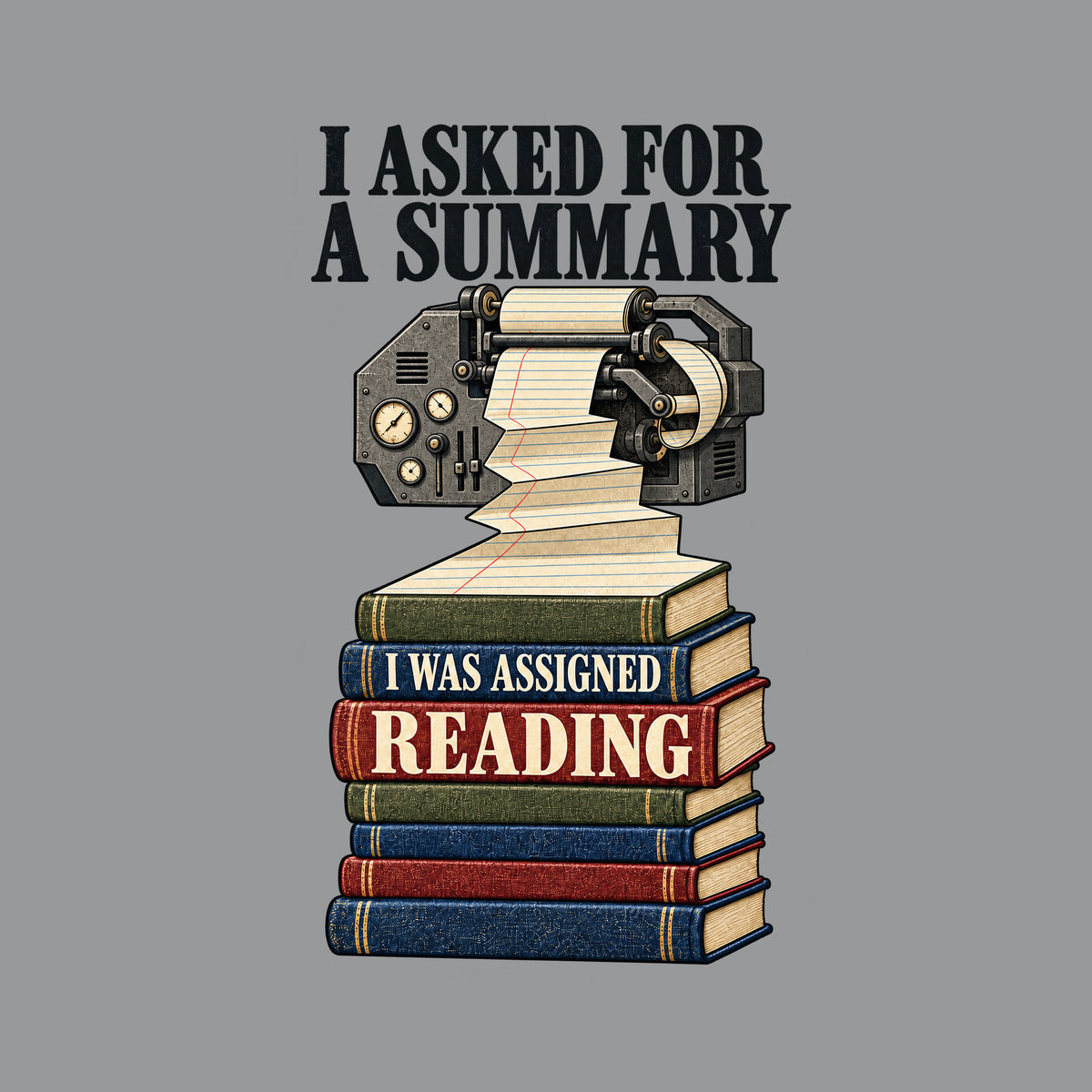 Illustration of an ornate mechanical printer feeding a long paper roll that cascades down into a stack of seven hardcover books. Top text reads I ASKED FOR A SUMMARY; the book spines read I WAS ASSIGNED READING. Artwork shown on the Sport Grey garment colour.
