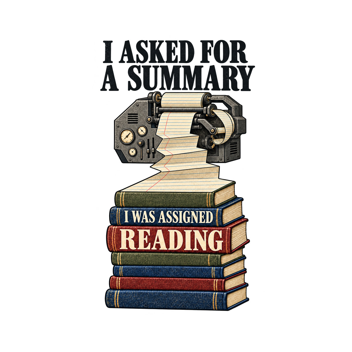 Illustration of an ornate mechanical printer feeding a long paper roll that cascades down into a stack of seven hardcover books. Top text reads I ASKED FOR A SUMMARY; the book spines read I WAS ASSIGNED READING. Artwork shown on the White garment colour.