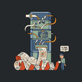 Illustration of a tall, compartmentalized machine with internal rollers feeding paper into a huge curling ribbon of diagram-covered output. A weary man holds the end of the paper beside a speech bubble reading "IS THERE A TL;DR?" Artwork shown on the Black garment colour.