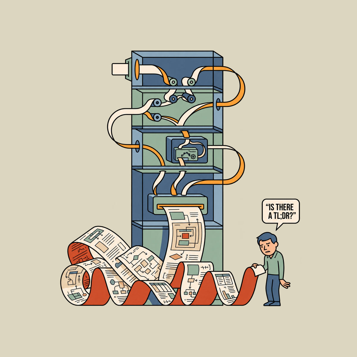 Illustration of a tall, compartmentalized machine with internal rollers feeding paper into a huge curling ribbon of diagram-covered output. A weary man holds the end of the paper beside a speech bubble reading "IS THERE A TL;DR?" Artwork shown on the Natural garment colour.