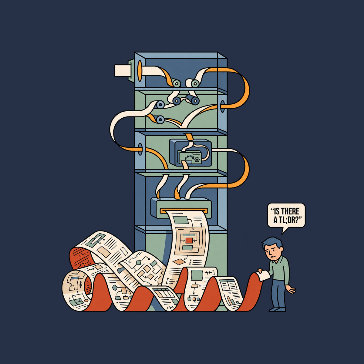 Illustration of a tall, compartmentalized machine with internal rollers feeding paper into a huge curling ribbon of diagram-covered output. A weary man holds the end of the paper beside a speech bubble reading "IS THERE A TL;DR?" Artwork shown on the Navy garment colour.