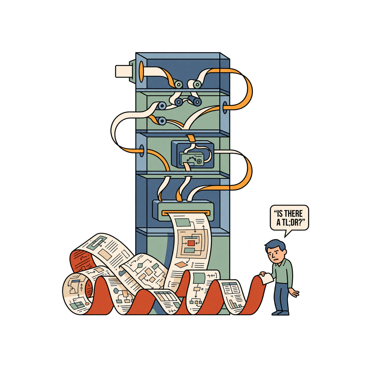 Illustration of a tall, compartmentalized machine with internal rollers feeding paper into a huge curling ribbon of diagram-covered output. A weary man holds the end of the paper beside a speech bubble reading "IS THERE A TL;DR?" Artwork shown on the White garment colour.
