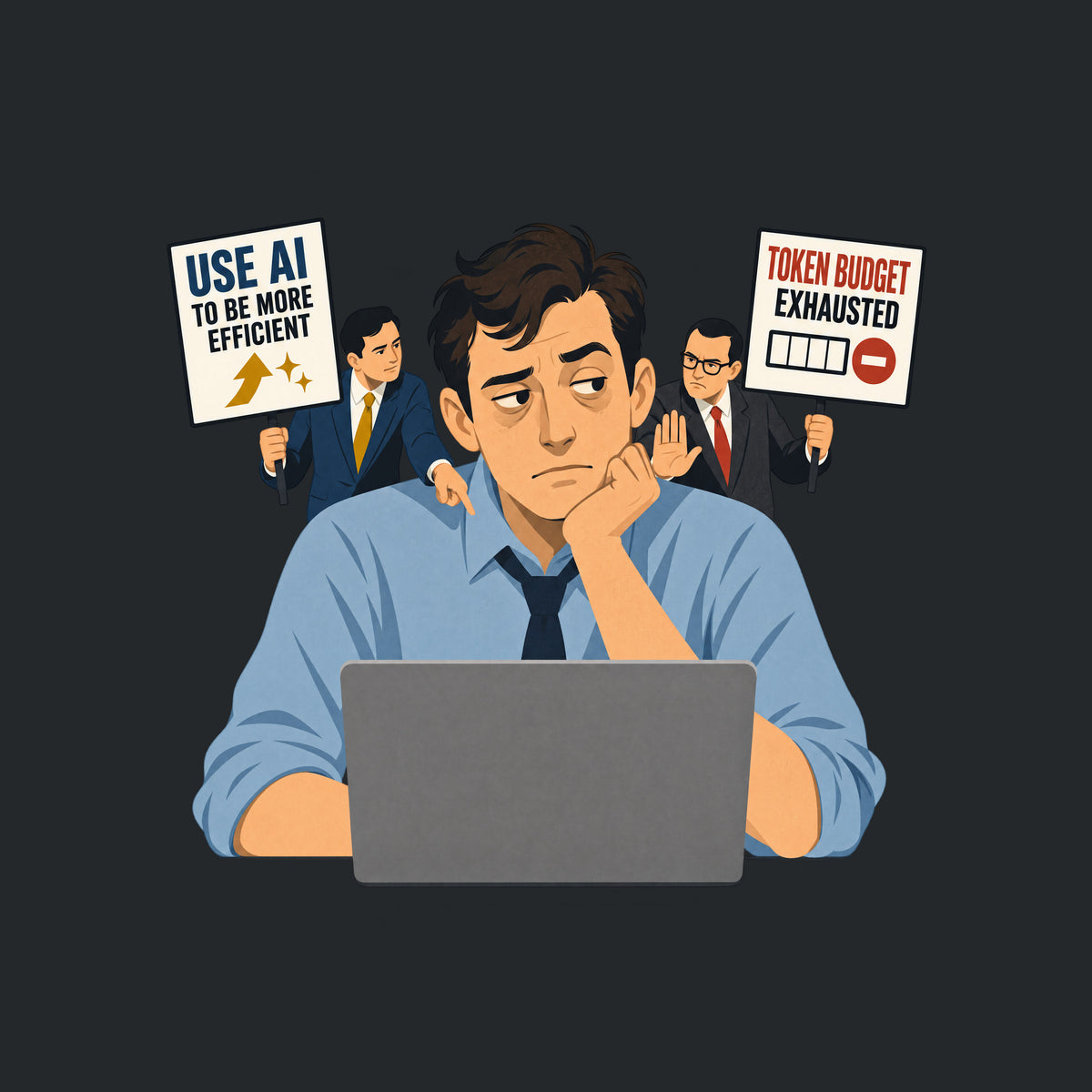 Illustration of a seated office worker at a laptop, flanked by two suited advisers holding signs reading "USE AI TO BE MORE EFFICIENT" with an upward arrow, and "TOKEN BUDGET EXHAUSTED" with an empty meter, in flat mid-century editorial style. Artwork shown on the Black garment colour.
