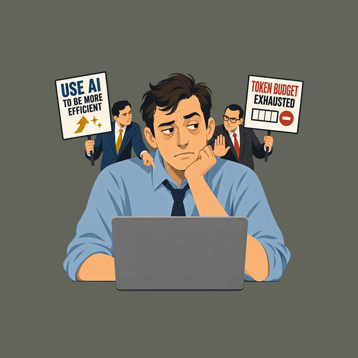 Illustration of a seated office worker at a laptop, flanked by two suited advisers holding signs reading "USE AI TO BE MORE EFFICIENT" with an upward arrow, and "TOKEN BUDGET EXHAUSTED" with an empty meter, in flat mid-century editorial style. Artwork shown on the Military Green garment colour.
