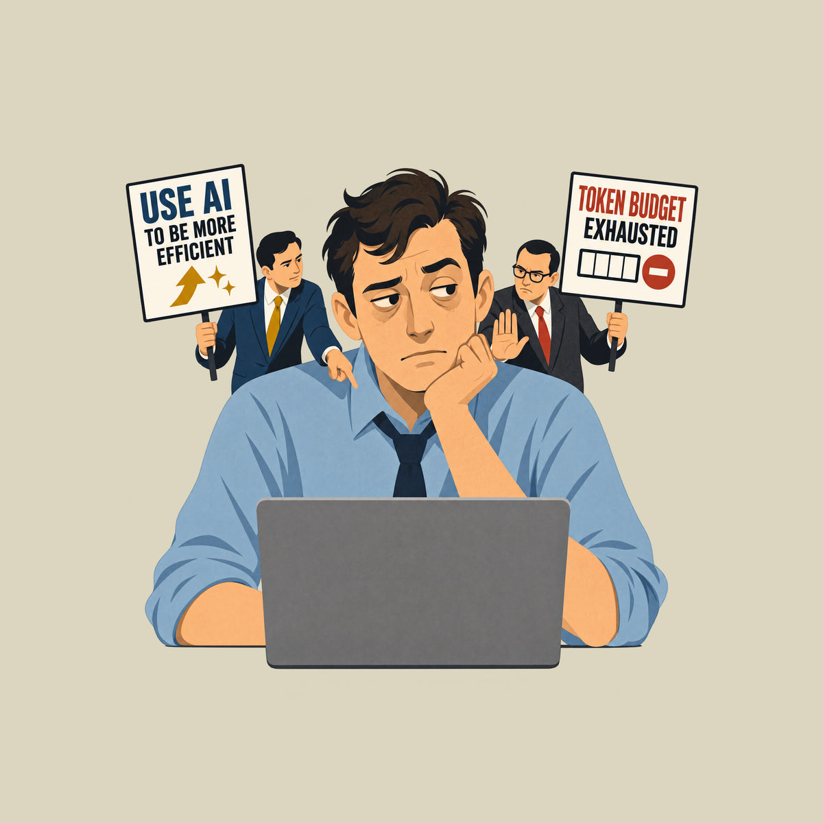 Illustration of a seated office worker at a laptop, flanked by two suited advisers holding signs reading "USE AI TO BE MORE EFFICIENT" with an upward arrow, and "TOKEN BUDGET EXHAUSTED" with an empty meter, in flat mid-century editorial style. Artwork shown on the Natural garment colour.