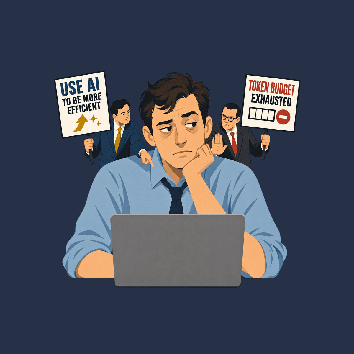 Illustration of a seated office worker at a laptop, flanked by two suited advisers holding signs reading "USE AI TO BE MORE EFFICIENT" with an upward arrow, and "TOKEN BUDGET EXHAUSTED" with an empty meter, in flat mid-century editorial style. Artwork shown on the Navy garment colour.