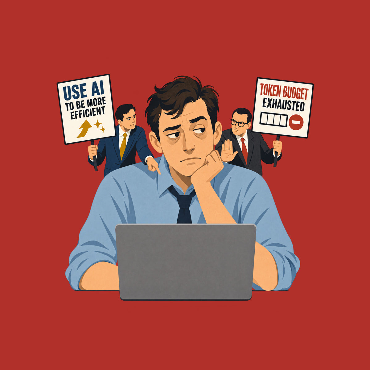 Illustration of a seated office worker at a laptop, flanked by two suited advisers holding signs reading "USE AI TO BE MORE EFFICIENT" with an upward arrow, and "TOKEN BUDGET EXHAUSTED" with an empty meter, in flat mid-century editorial style. Artwork shown on the Red garment colour.