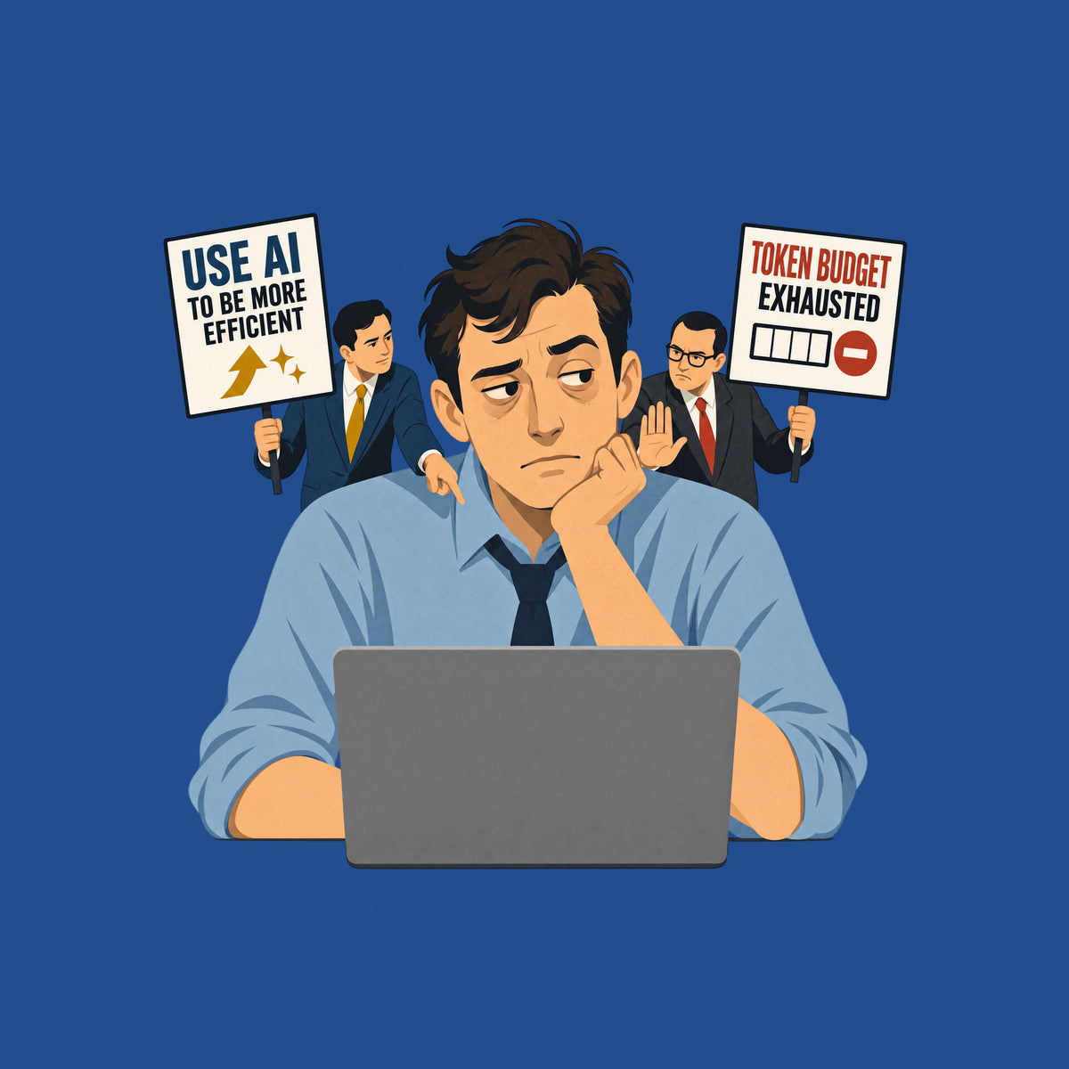 Illustration of a seated office worker at a laptop, flanked by two suited advisers holding signs reading "USE AI TO BE MORE EFFICIENT" with an upward arrow, and "TOKEN BUDGET EXHAUSTED" with an empty meter, in flat mid-century editorial style. Artwork shown on the Royal garment colour.