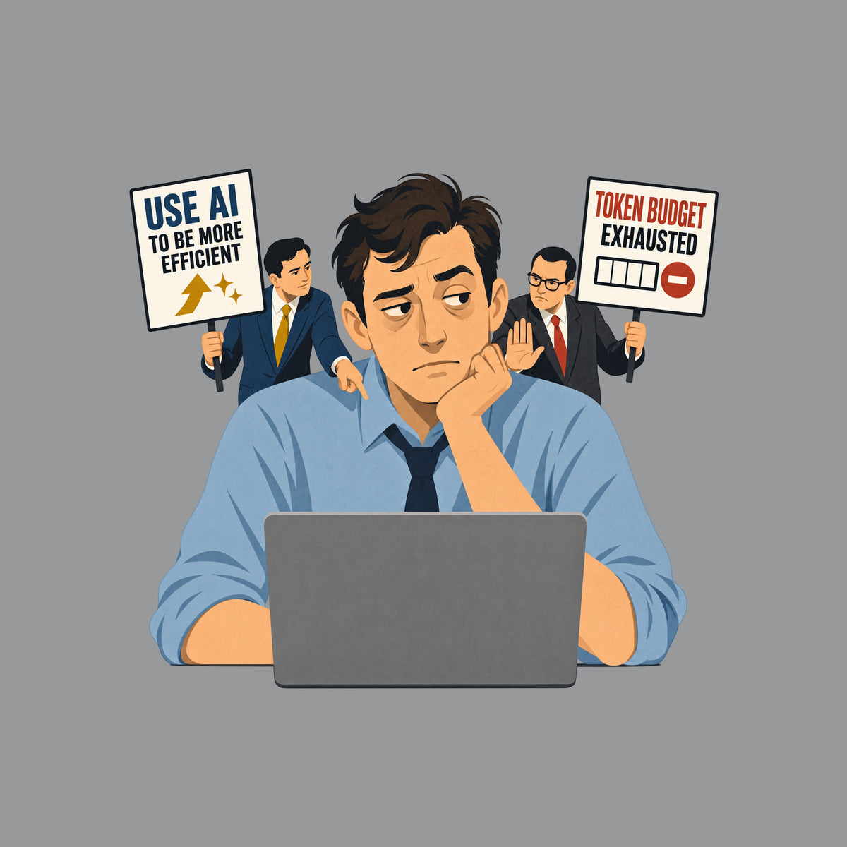 Illustration of a seated office worker at a laptop, flanked by two suited advisers holding signs reading "USE AI TO BE MORE EFFICIENT" with an upward arrow, and "TOKEN BUDGET EXHAUSTED" with an empty meter, in flat mid-century editorial style. Artwork shown on the Sport Grey garment colour.